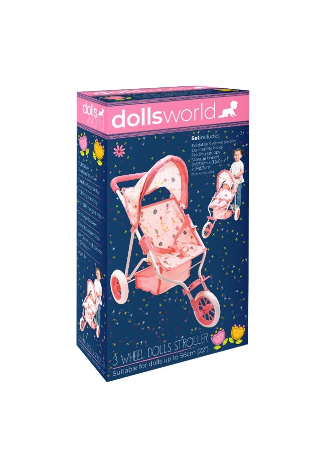 Deluxe 3 Wheel Folding Stroller With Canopy & Basket For Dolls Up To 22 inch from Peterkin gift for kids of Age above 3 years