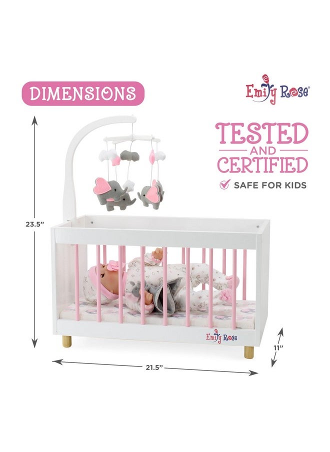 New Toy Wooden Baby Doll Bed Crib With Elephant Lovey And Matching Spinning Mobile - For Dolls Up To 20 Inches - White/Pink/Gray