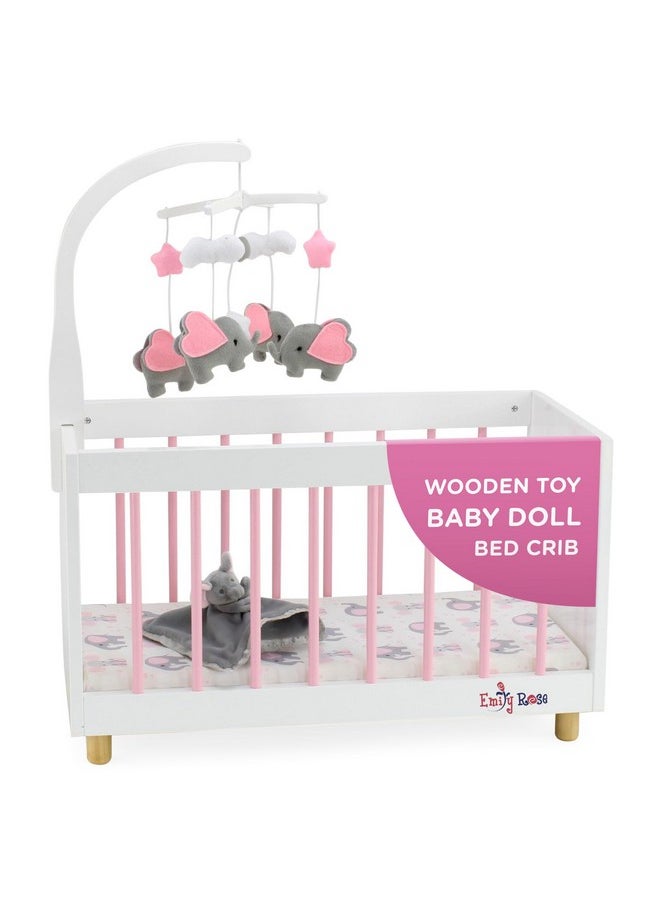 New Toy Wooden Baby Doll Bed Crib With Elephant Lovey And Matching Spinning Mobile - For Dolls Up To 20 Inches - White/Pink/Gray