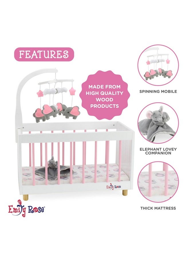 New Toy Wooden Baby Doll Bed Crib With Elephant Lovey And Matching Spinning Mobile - For Dolls Up To 20 Inches - White/Pink/Gray