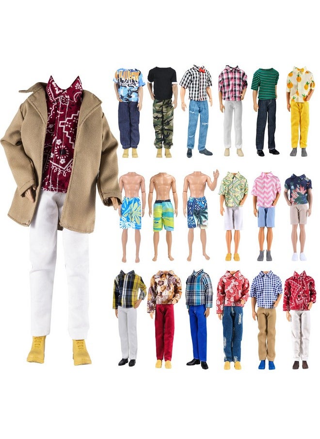 10-Item Trench Coat Pack = 5 Sets Fashion Casual Wear Clothes Outfit +5 Pairs Shoes For Boy Doll Random Style (Khaki Long Jacket Overcoat + Casual Wear Clothes +Swim Trunks)