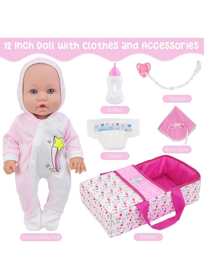 12 Inch Baby Doll With Bassinet Bed, Soft 12In Baby Doll And Accessories Includes 12