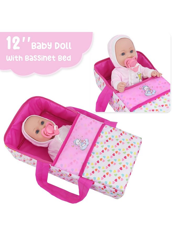 12 Inch Baby Doll With Bassinet Bed, Soft 12In Baby Doll And Accessories Includes 12