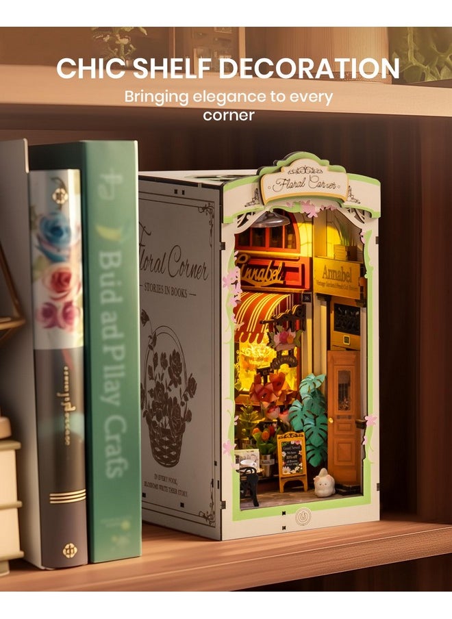 Book Nook,Booknook Diy Kit With Dust Cover,3D Wooden Puzzle Decorative Bookend Miniature Dollhouse Kit Bookshelf Insert Decor,Crafts For Adults Teens On Birthday Christmas -Floral Corner