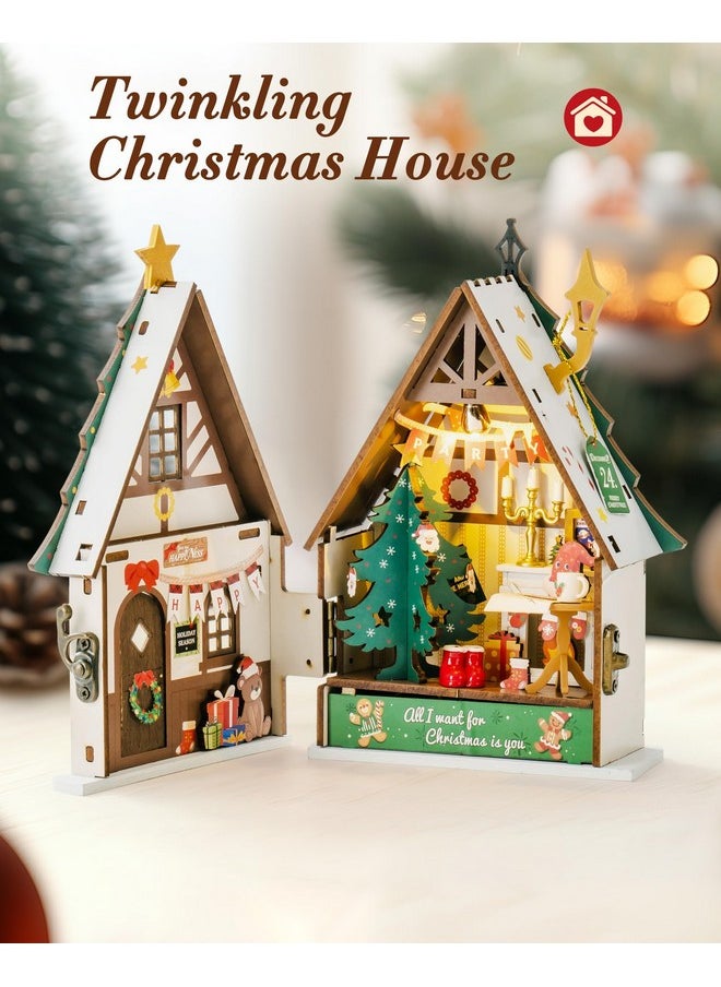 Miniature House Kit, Diy Miniature Wooden Dollhouse Kit For Adults To Build, Collectible 3D Wooden Puzzle Building Home Decor, Christmas Birthday Gift For Kids Teens-Twinkling Christmas House