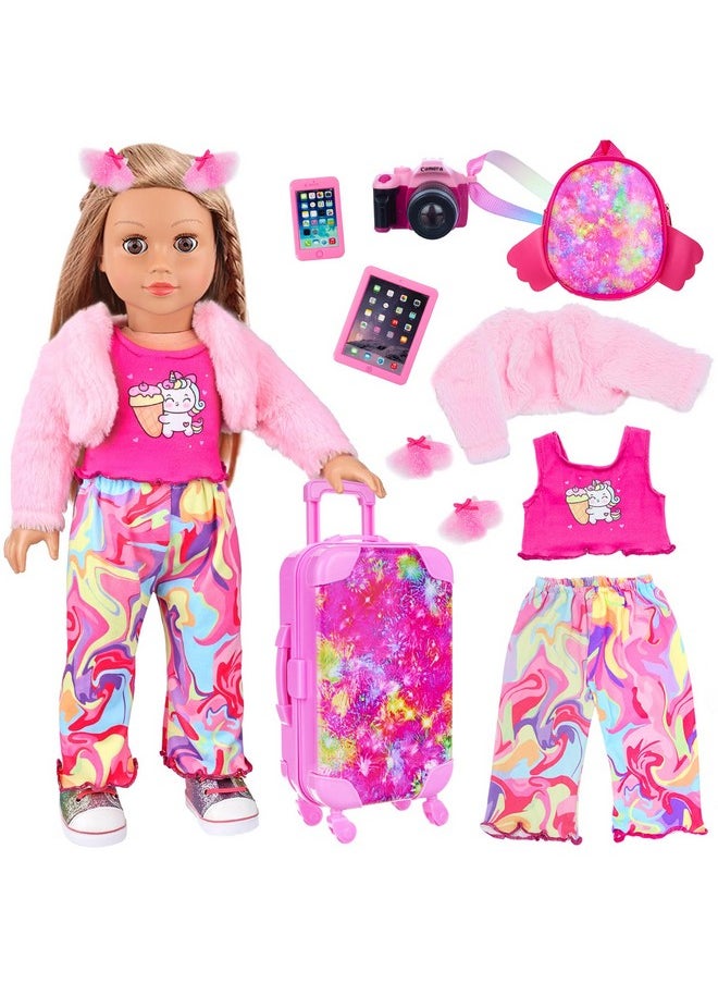 American 18 Inch Doll Clothes And Accessories Doll Suitcase Set, 10 Pcs Doll Travel Play Set With Doll Backpack Clothes Hair Clips Camera Computer Phone Fit 18 Inch Dolls Girl Gifts