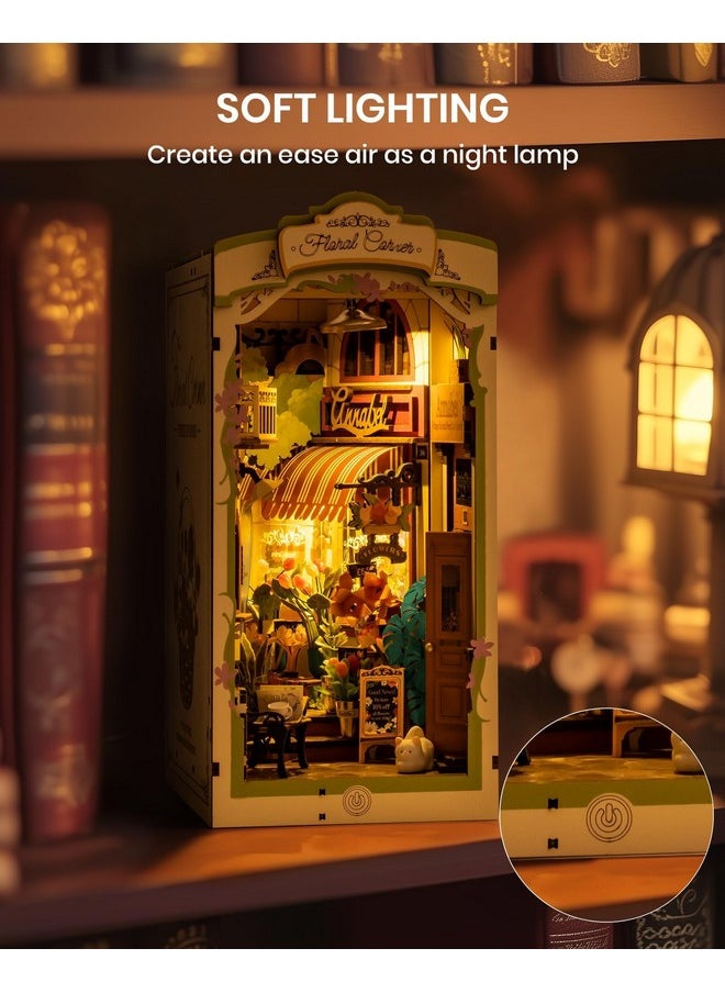 Diy Book Nook Kits For Adults, Miniature Dollhouse Booknook Kit For Home Room Decor, 3D Wooden Puzzle With Led, Flower Corner Creative Bookends Bookshelf Diorama Insert