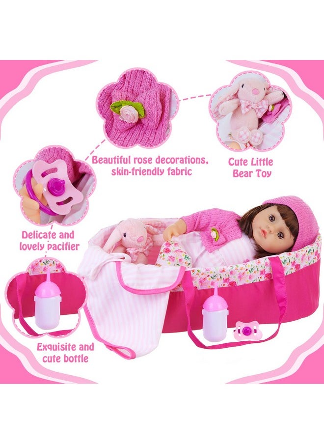 10 Pcs Baby Doll Clothes With Bassinet For 17-22 Inch Baby Doll, Baby Doll Reborn Outfit Clothes Accessories Including Bib Nursing Bottle Rubber Pacifier Hat With Peony Pattern