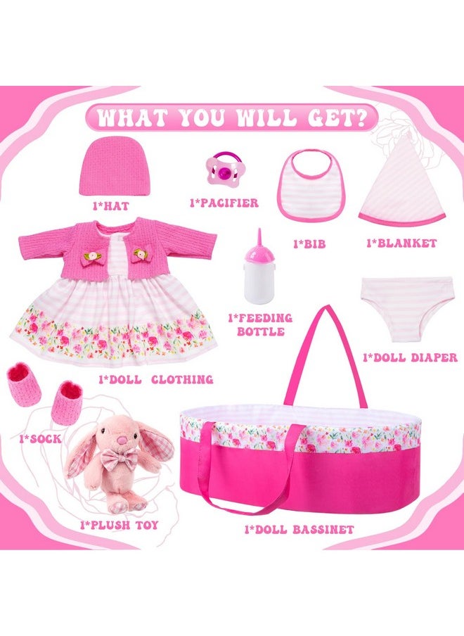 10 Pcs Baby Doll Clothes With Bassinet For 17-22 Inch Baby Doll, Baby Doll Reborn Outfit Clothes Accessories Including Bib Nursing Bottle Rubber Pacifier Hat With Peony Pattern