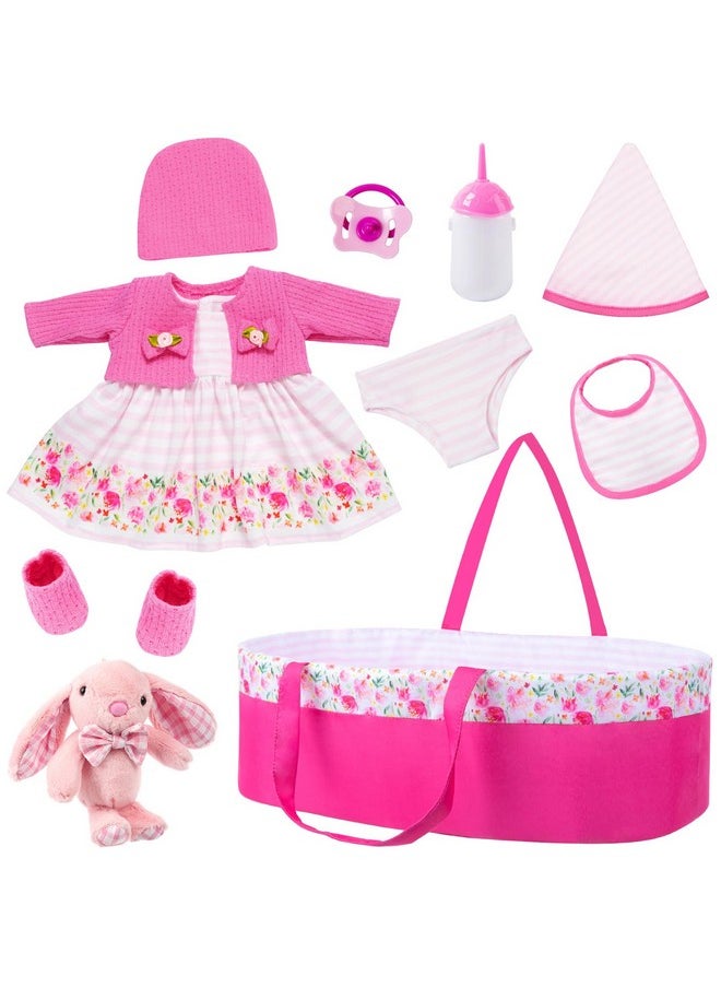 10 Pcs Baby Doll Clothes With Bassinet For 17-22 Inch Baby Doll, Baby Doll Reborn Outfit Clothes Accessories Including Bib Nursing Bottle Rubber Pacifier Hat With Peony Pattern