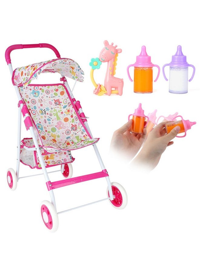 Baby Doll Stroller Set Baby Doll Accessories With Feeding Bottle Simulated Juice Milk And Rattle Toy Foldable Doll Stroller For Toddler Kids Boys Girls,For 12In 14In 16In Doll