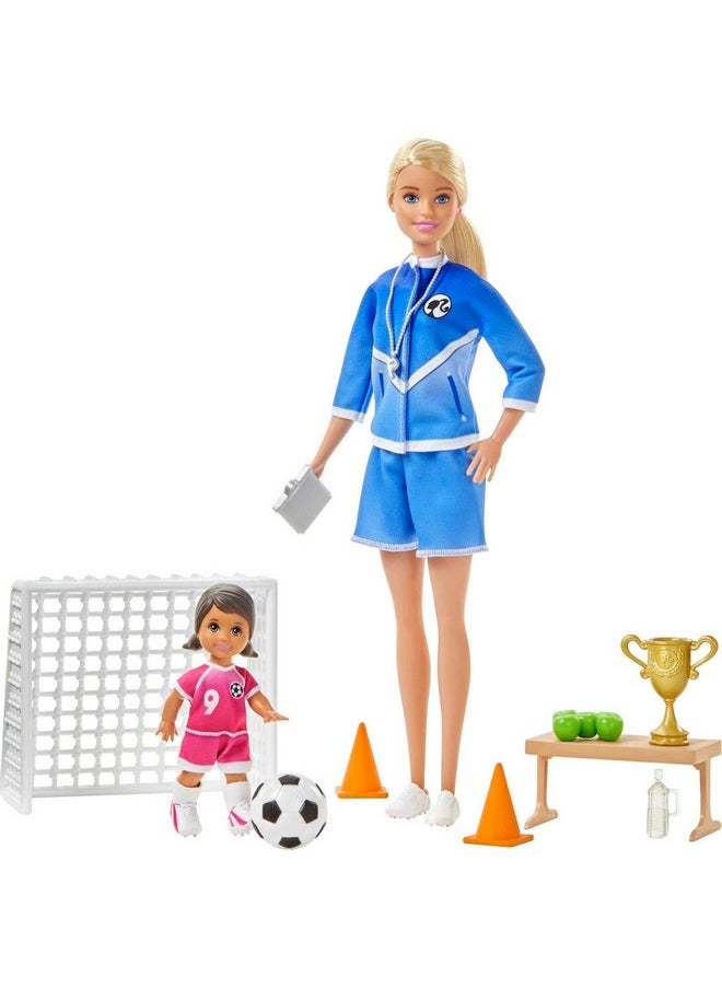 Soccer Coach Playset With Blonde Soccer Coach Doll Student Doll And Accessories Soccer Ball Clipboard Goal Net Cones Bench And More For Ages 3 And Up