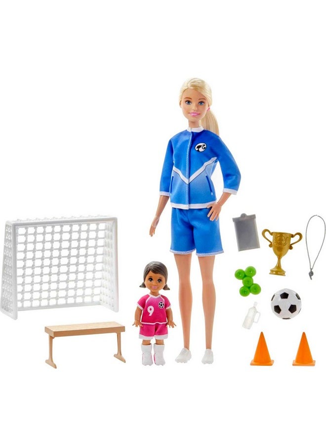 Soccer Coach Playset With Blonde Soccer Coach Doll Student Doll And Accessories Soccer Ball Clipboard Goal Net Cones Bench And More For Ages 3 And Up