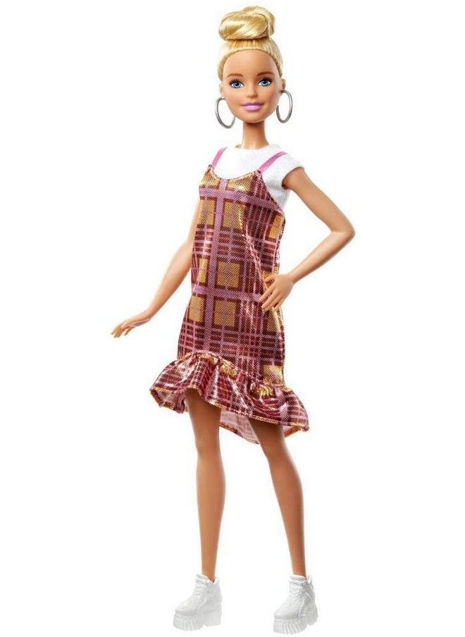 Fashionistas Doll 142 With Blonde Updo Hair Wearing Pink & Golden Plaid Dress White Sneakers & Earrings Toy For Kids 3 To 8 Years Old