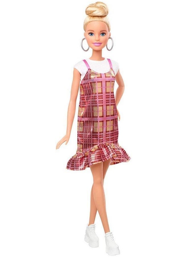 Fashionistas Doll 142 With Blonde Updo Hair Wearing Pink & Golden Plaid Dress White Sneakers & Earrings Toy For Kids 3 To 8 Years Old