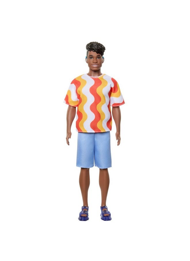 Fashionistas Ken Doll 220 With Behindtheear Hearing Aids & Broad Body Wearing A Removable Orange Patterned Shirt Shorts & Jelly Sandals