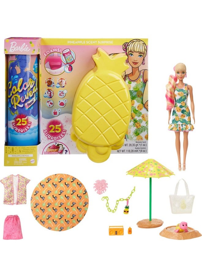 Color Reveal Foam Doll & Pet Friend With 25 Surprises Scented Bubble Solution Outfits Hair Extension Kid Bracelet & Charm Hidden In Sand; Sunny Pineappletheme; For Kids 3 Years & Up