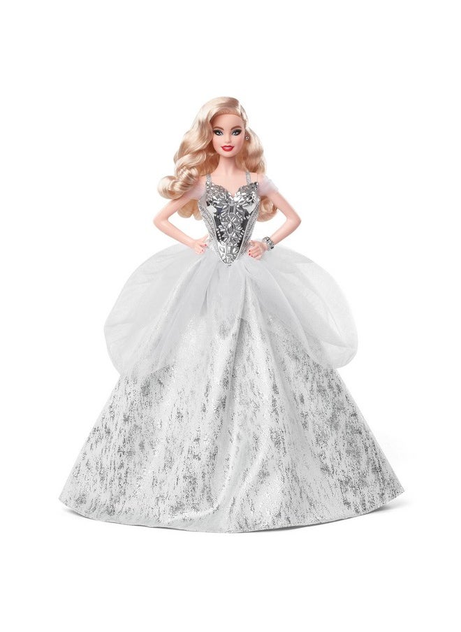 Signature 2021 Holiday Doll (12Inch Blonde Wavy Hair) In Silver Gown With Doll Stand And Certificate Of Authenticity Gift For 6 Year Olds And Up