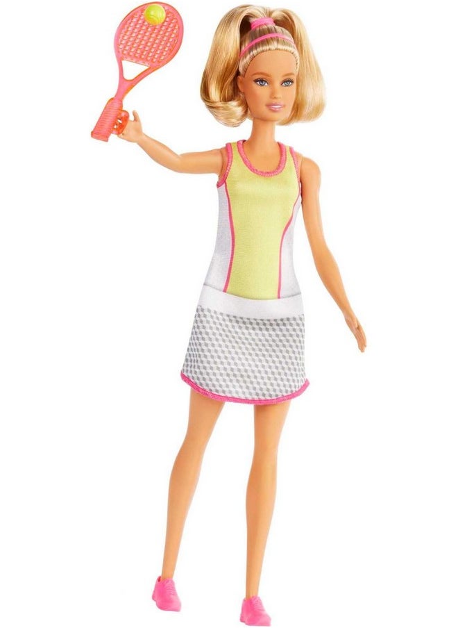 Blonde Tennis Player Doll With Tennis Outfit Racket And Ball