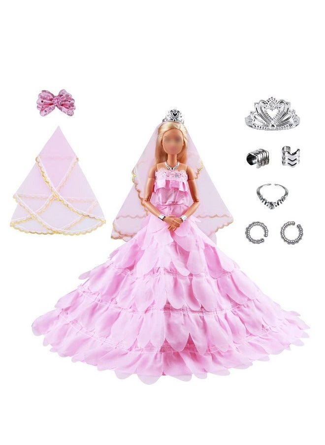 Doll Clothes Wedding Gowns Large Trailing Ball Gown With 5 Accessories Crown+ Veil+ Bow Hair Clips+ Necklace And Bracelet Princess Evening Party Clothes Outfit For 11.5