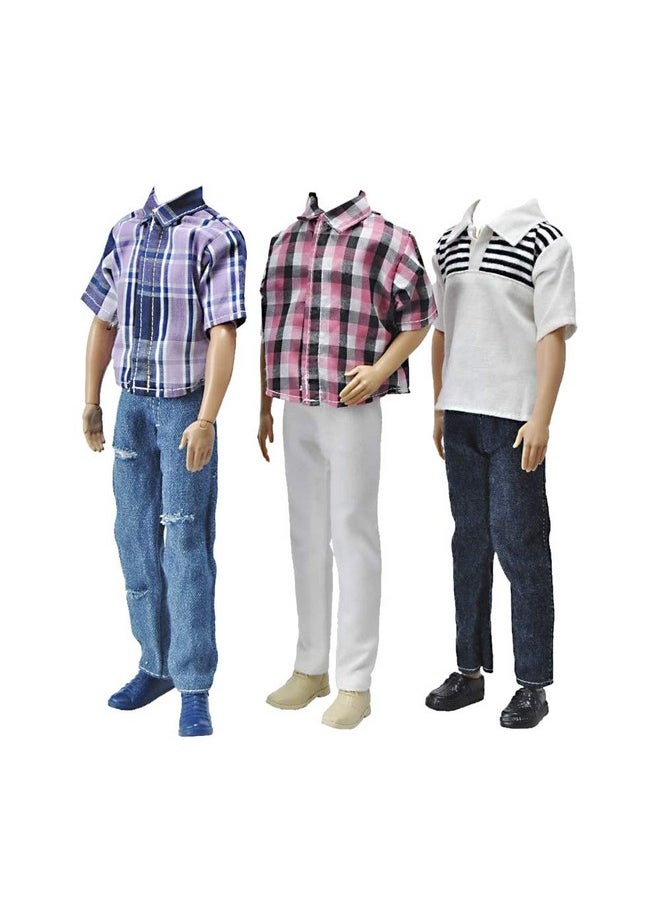 3 Sets Fashion Casual Wear Plaid Doll Clothes Jacket Pants Outfits With 3 Pairs Shoes For 12 Inches Boy Dolls