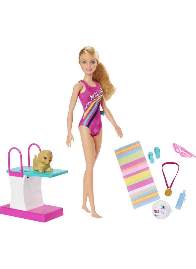 Dreamhouse Adventures Swim 'N Dive Doll 11.5Inch In Swimwear With Swimming Feature Diving Board And Puppy Gift For 3 To 7 Year Olds