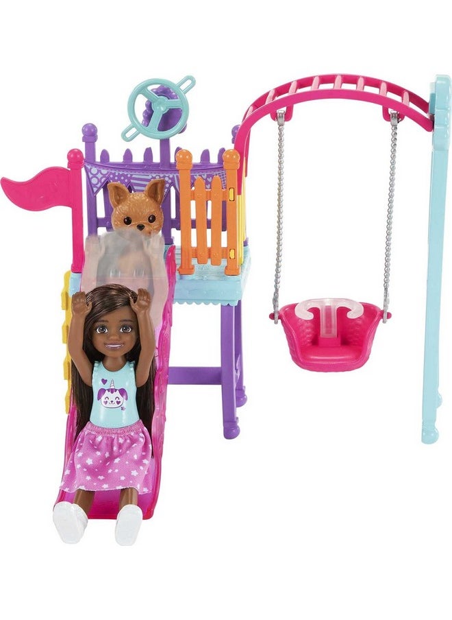 Chelsea Swing Set Playset With Chelsea Doll (6 In Brunette) Wearing Starprint Skirt Pet Puppy Swing & Slide Gift For 3 To 7 Year Olds