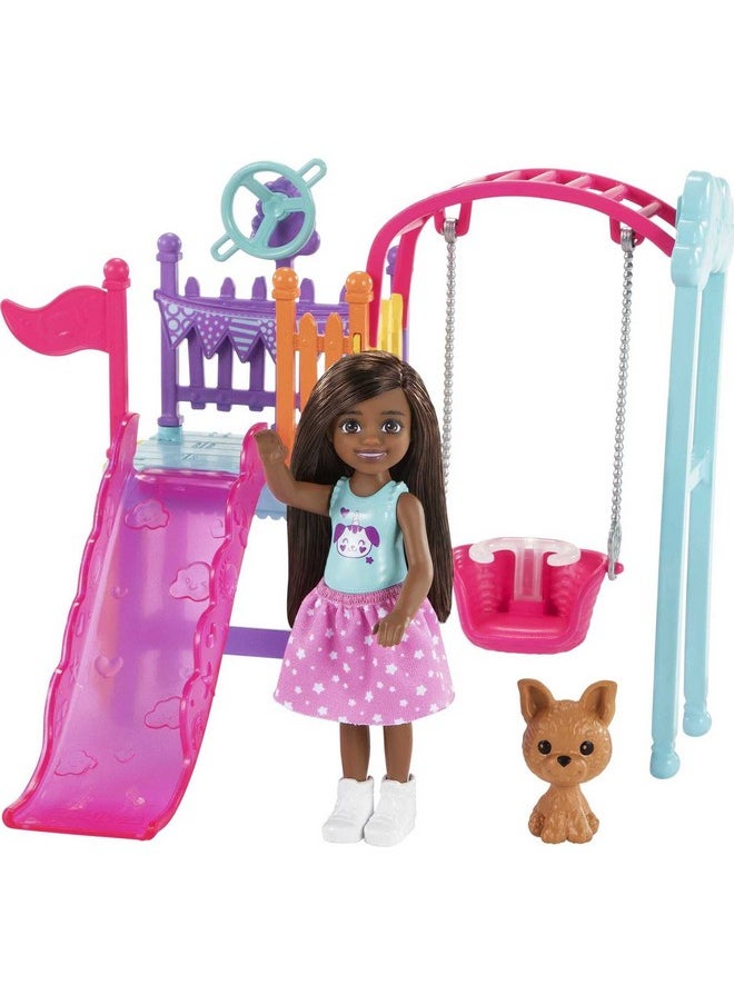 Chelsea Swing Set Playset With Chelsea Doll (6 In Brunette) Wearing Starprint Skirt Pet Puppy Swing & Slide Gift For 3 To 7 Year Olds