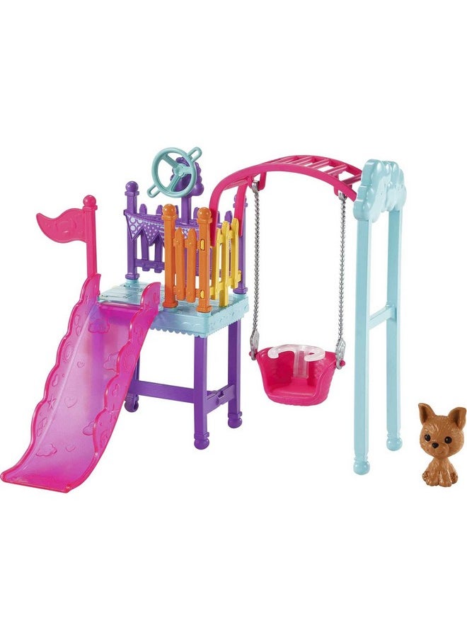 Chelsea Swing Set Playset With Chelsea Doll (6 In Brunette) Wearing Starprint Skirt Pet Puppy Swing & Slide Gift For 3 To 7 Year Olds