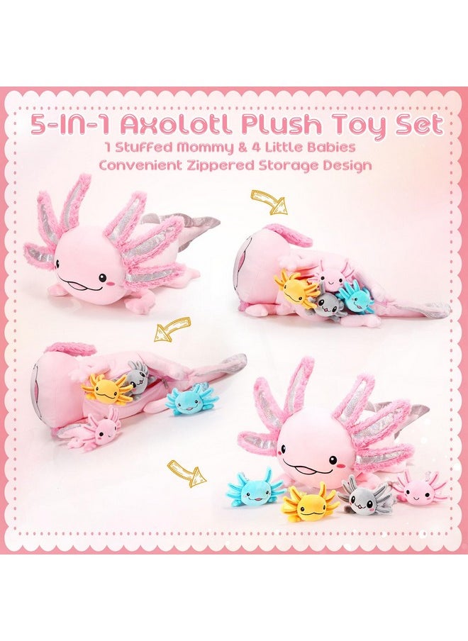 5 Pcs Axolotl Plush Set 24 Inch Mommy Axolotl Stuffed Animal With 4 Cute Plush Babies In Belly Soft Cuddly Axolotl Plushie For Kids Sleeping Birthday Graduation Gift Party Favors(Pink)