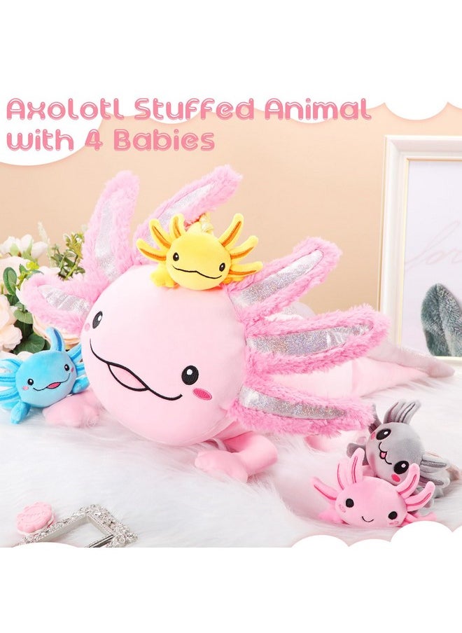 5 Pcs Axolotl Plush Set 24 Inch Mommy Axolotl Stuffed Animal With 4 Cute Plush Babies In Belly Soft Cuddly Axolotl Plushie For Kids Sleeping Birthday Graduation Gift Party Favors(Pink)