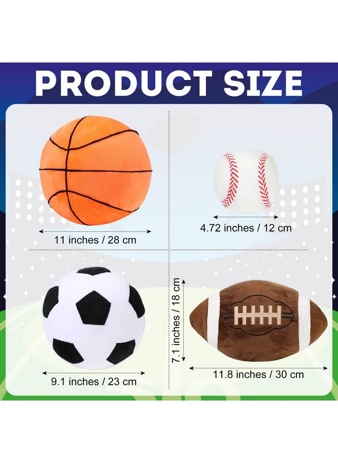 4 Pcs Stuffed Sports Pillows Toy Set, Soft Plush Basketball Soccer Ball Football Baseball Pillow Sports Shaped Throw Pillows Cute Cushion Pillow For Room Bedroom Decor Indoor Gifts