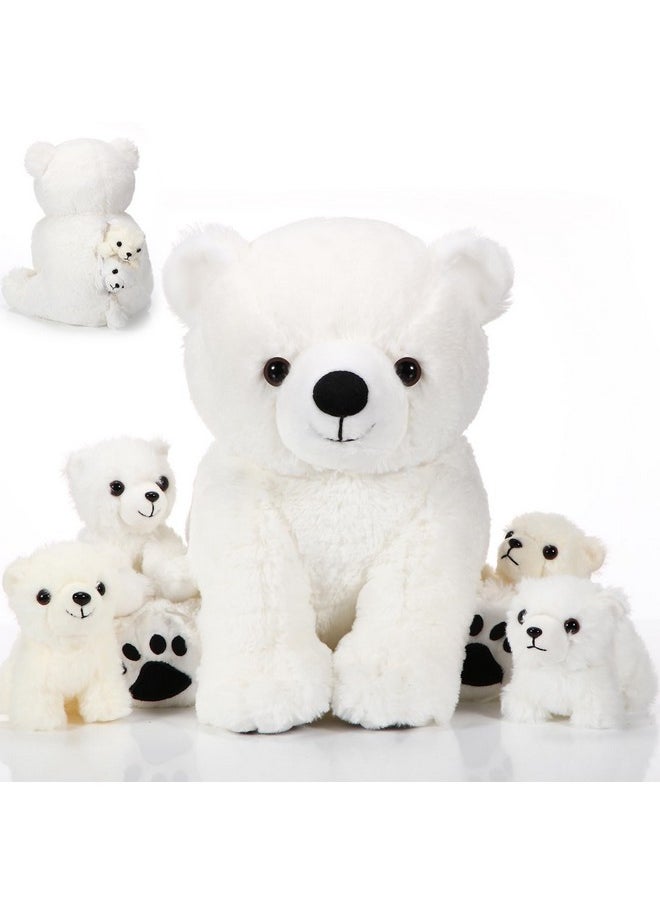 5 Pcs Polar Bear Plush Set Large Mommy Polar Bear Stuffed Animal With 4 Cuddly Bear Baby Plushies In Belly For Boys Girls Birthday Winter Holiday Decor Gifts(Sitting)