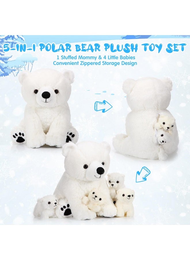 5 Pcs Polar Bear Plush Set Large Mommy Polar Bear Stuffed Animal With 4 Cuddly Bear Baby Plushies In Belly For Boys Girls Birthday Winter Holiday Decor Gifts(Sitting)