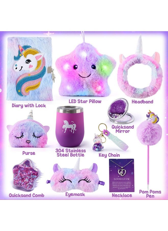 Unicorn Gifts For Girls Toys 6 7 8 9 10 Years, 11Pcs With Light Up Star Pillow Plush Diary Tumbler Headband Mirror Comb, Birthday Christmas Teen Kid Girl Gift Unicorn Toys Aged 6+