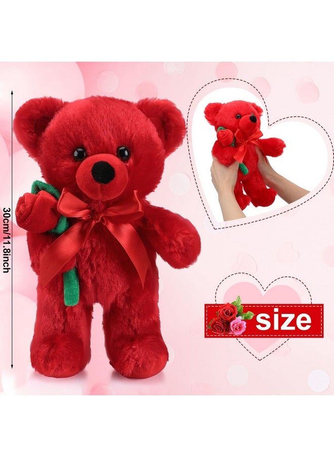 Christmas Plush Stuffed Animal Bear With Rose Funny Cute Stuffed Animal Plush Gifts For Kids Toddler Girlfriend Xmas Valentine'S Day,11.8 Inches(Red)