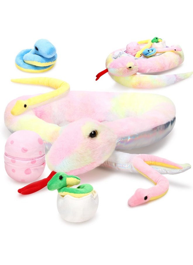 7 Pcs Snake Plush Toy Set 63 Inch Large Snake Stuffed Animal Zipper Snake Toys With Cute Baby Snakes And Eggs In Mommy Snake'S Belly For Valentine'S Day Birthday(Cute Style)