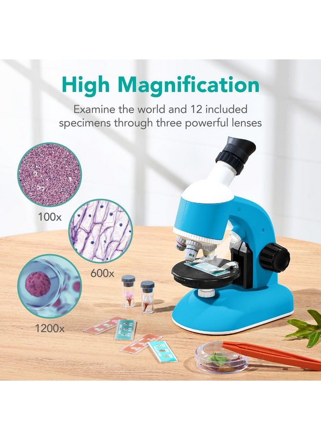 Kids Microscope Stem Learning Tool, Led Light, Science Kit W/ 100X, 600X, 1200X Zoom, Prepared & Blank Slides, Carrying Case