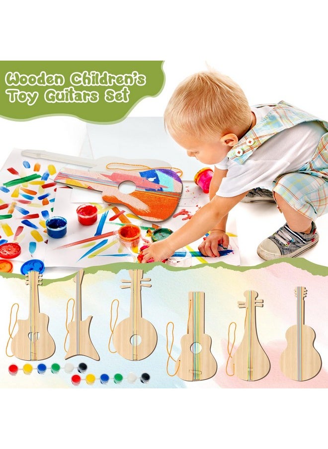 18 Pcs Diy Wood Guitar For Kids (6 Difference Designs) With 18 Set Of Pigments (6 Colors), Wood Guitars For Boys Girls, Suitable For Crafts And Art Class, Birthday Party, Music Theme Party