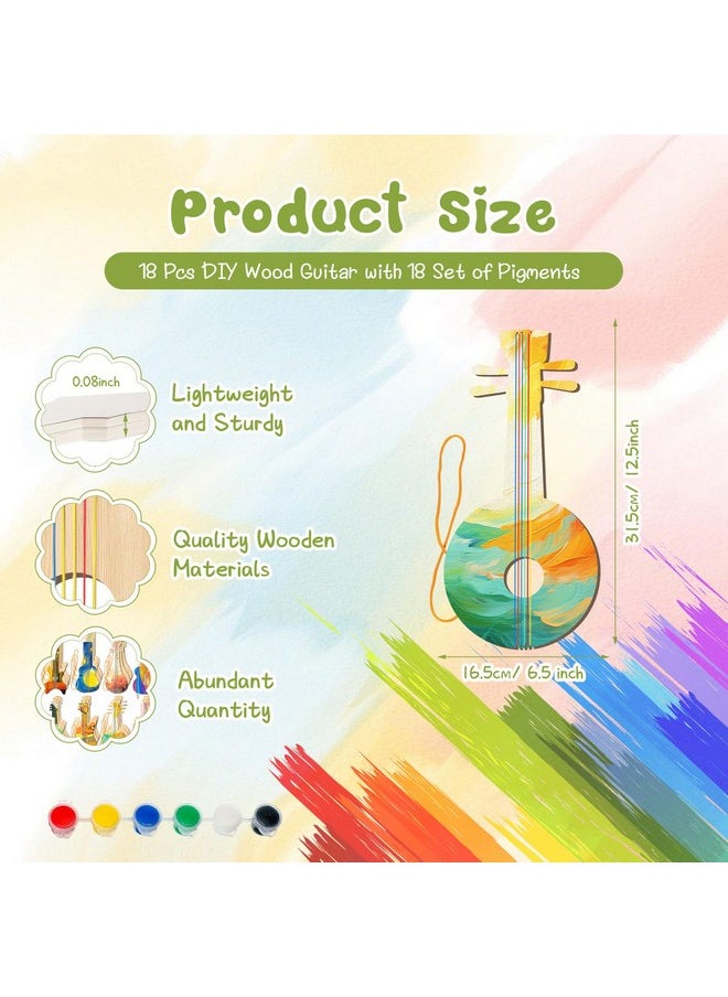 18 Pcs Diy Wood Guitar For Kids (6 Difference Designs) With 18 Set Of Pigments (6 Colors), Wood Guitars For Boys Girls, Suitable For Crafts And Art Class, Birthday Party, Music Theme Party