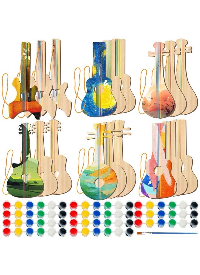 18 Pcs Diy Wood Guitar For Kids (6 Difference Designs) With 18 Set Of Pigments (6 Colors), Wood Guitars For Boys Girls, Suitable For Crafts And Art Class, Birthday Party, Music Theme Party