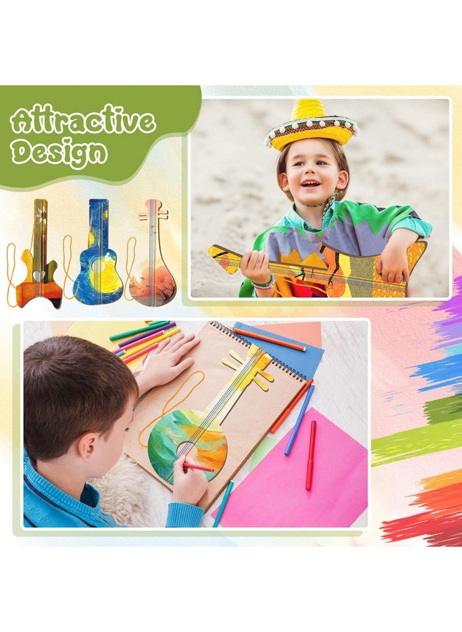 18 Pcs Diy Wood Guitar For Kids (6 Difference Designs) With 18 Set Of Pigments (6 Colors), Wood Guitars For Boys Girls, Suitable For Crafts And Art Class, Birthday Party, Music Theme Party