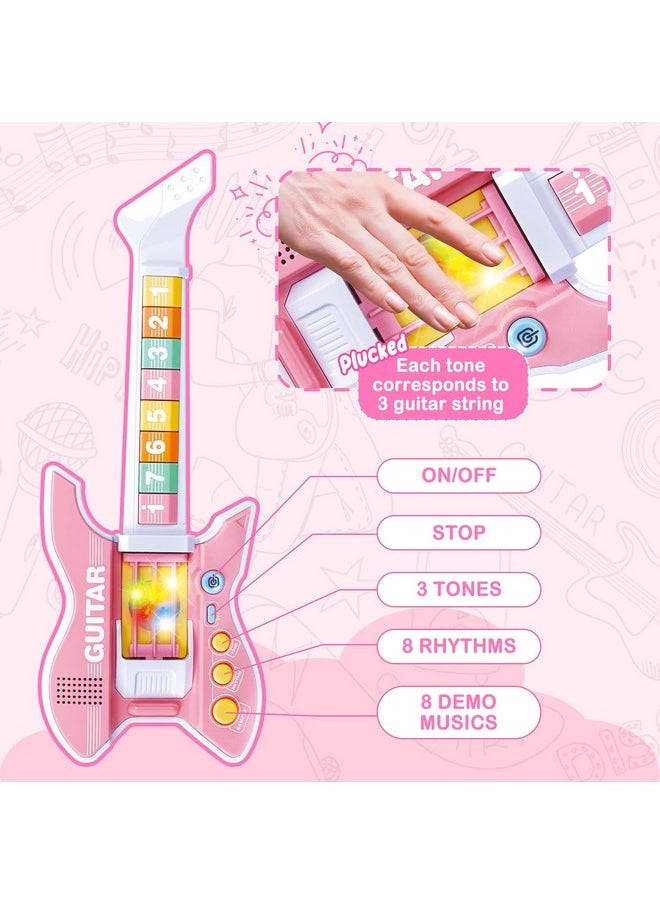 Kids Guitar And Microphone Set With Stand Adjustable Height Music Light Karaoke Music Toys Christmas Birthday Gift For Kids Boys Girls (Pink)