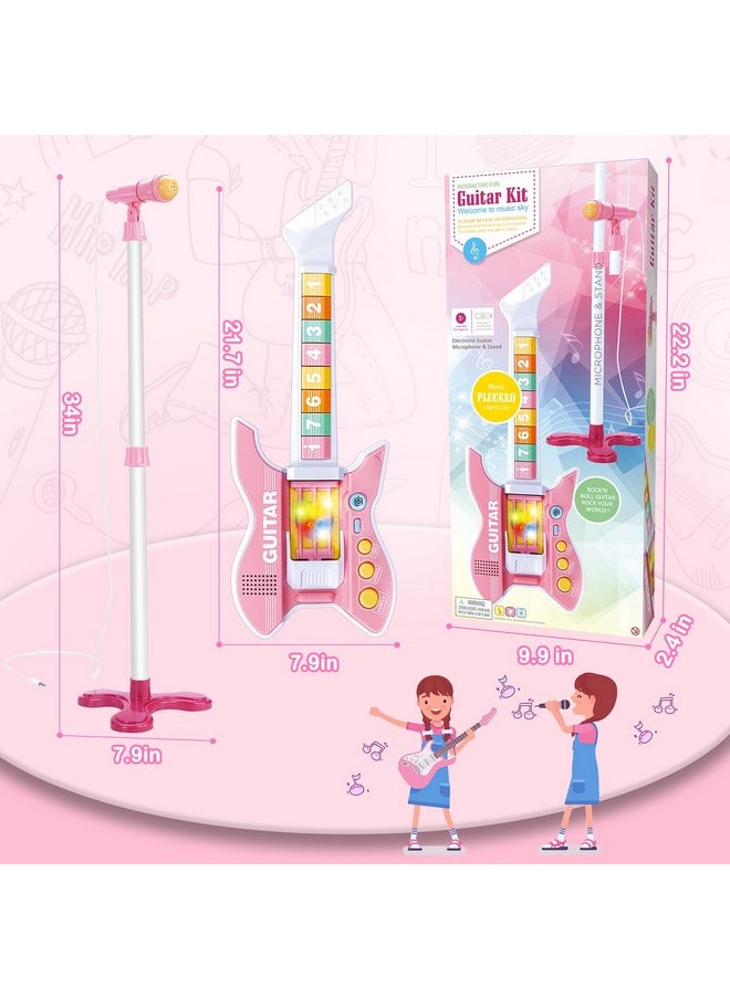 Kids Guitar And Microphone Set With Stand Adjustable Height Music Light Karaoke Music Toys Christmas Birthday Gift For Kids Boys Girls (Pink)