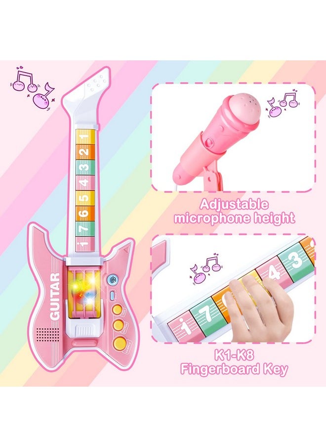 Kids Guitar And Microphone Set With Stand Adjustable Height Music Light Karaoke Music Toys Christmas Birthday Gift For Kids Boys Girls (Pink)