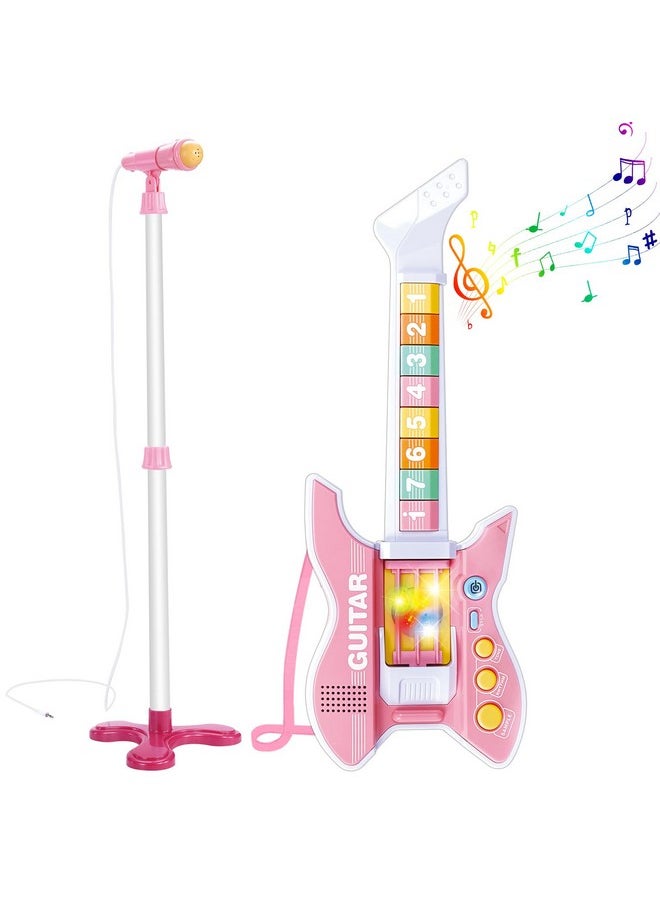 Kids Guitar And Microphone Set With Stand Adjustable Height Music Light Karaoke Music Toys Christmas Birthday Gift For Kids Boys Girls (Pink)