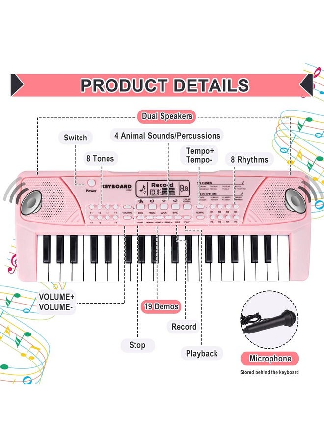 Upgraded 37 Key Kids Piano Keyboard With Microphone Music Toys For 3 4 5 6 Year Old Girls Gifts, Pink