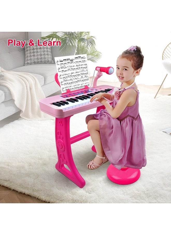 Kids Piano Keyboard Toys - 37 Keys Keyboard Piano With Microphone Stool And 2 Speakers, Christmas Birthday Gifts For 3+ Years Old Baby Girls Toys