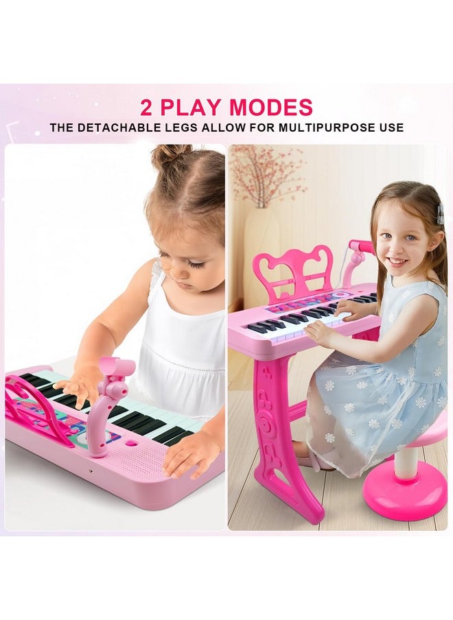 Kids Piano Keyboard Toys - 37 Keys Keyboard Piano With Microphone Stool And 2 Speakers, Christmas Birthday Gifts For 3+ Years Old Baby Girls Toys
