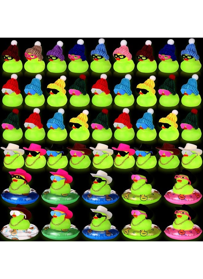 140 Pcs Glow In The Dark Rubber Ducks Halloween Mini Luminous Light Up Duck Bulk Fluorescent Bath Toy Assorted Duck Sunglasses Necklace Swim Circle Hat For Halloween Baby Shower Party Gift